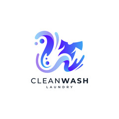 colorful and shiny letter W with cloth and splash water for laundry, soap and detergent logo design