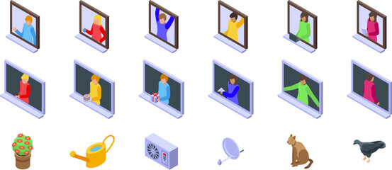 Window neighbor vector. A set of icons depicting people on a computer screen. The icons include a person holding a remote, a person sitting at a desk, and a person standing. Scene is casual and