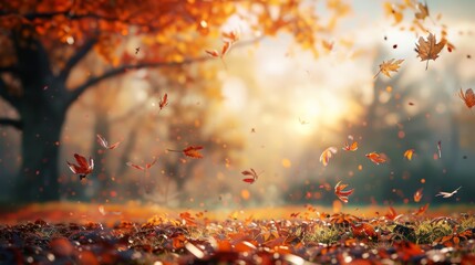 Serene autumn scene with leaves in mid-fall, softly blurred trees in the distance, and ample space for messages at the top,