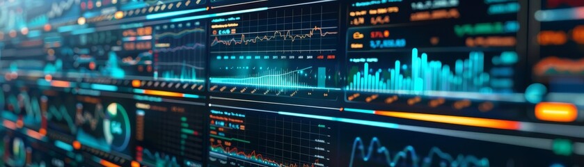 Fototapeta premium Advanced financial analytics interface with depth and motion, illustrating complex data for fintech innovations