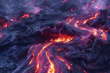 Fototapeta premium Lava flow meeting the ocean with scorching magma