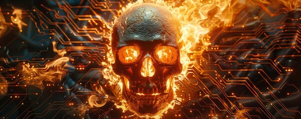 Flaming skull emerging from electronic circuitry, a striking mix of technology and supernatural forces, great for thriller and tech themes