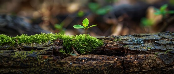 Obraz premium Vibrant life emerging from the remnants of decay, a sprout in a dead trunk surrounded by forest moss, symbolizing ecological rebirth,
