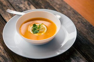 Lentil-pumpkin soup in a white plate