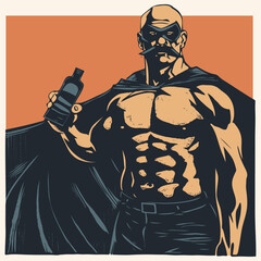 Naklejka premium Bald old alcoholic superhero with a mustache, with a bottle in his hand, vector illustration 