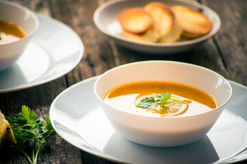 Lentil-pumpkin soup in a white plate