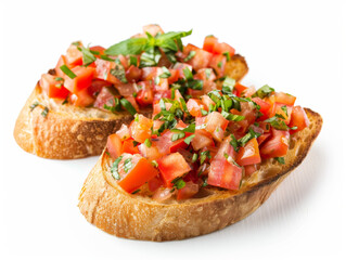 Two slices of bread with tomato and basil on top