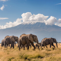 Fototapeta premium AI generated illustration of a swarm of African elephants in Kenya's savannah against Kilimanjaro