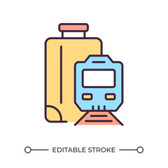 Train travel RGB color icon. Train and suitcase. Urban transport. Communting. Train station. Eco friendly travel. Isolated vector illustration. Simple filled line drawing. Editable stroke