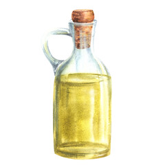 Olive oil in glass bottle, carafe, jug with cork. Cooking oil or fat food vegetable sauce. Watercolor hand drawn illustration for packaging labels, menus, cards print Isolated clipart white background
