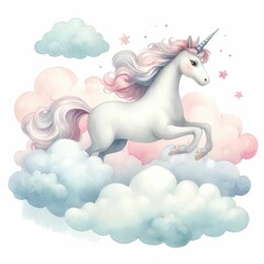 Fototapeta premium A magical unicorn in the clouds. watercolor illustration, Perfect for nursery art, simple clipart, single object, white color background. 