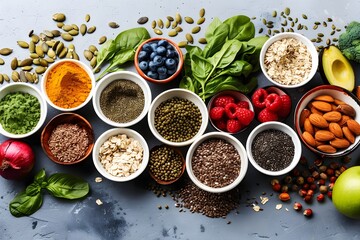 Healthy food clean selection fruits, vegetables, seeds, supper foods, grains, leafy greens on wooden concrete background High quality photo