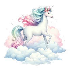 A magical unicorn in the clouds. watercolor illustration, Perfect for nursery art, simple clipart, single object, white color background. 