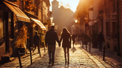Romantic couple walking the streets of the old town, holding hands