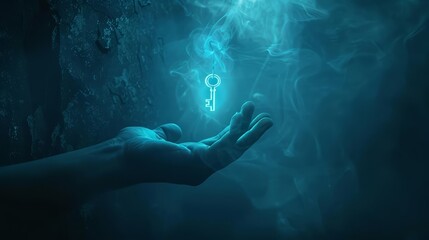 A luminous key hovering above an open hand in a dark setting, representing unlocking potential and new possibilities, dramatic lighting, detailed and mysterious