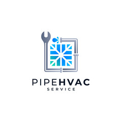 rectangle plumbing, wrench and water drop with snowflake for plumbing and HVAC repair service logo