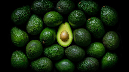Whole and halved avocados arranged on a black background. Flat lay composition for design and print