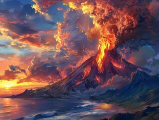 A volcano erupting with a plume of smoke and flowing lava, set against a dramatic landscape with mountains and the sea at sunset, vivid colors, high detail