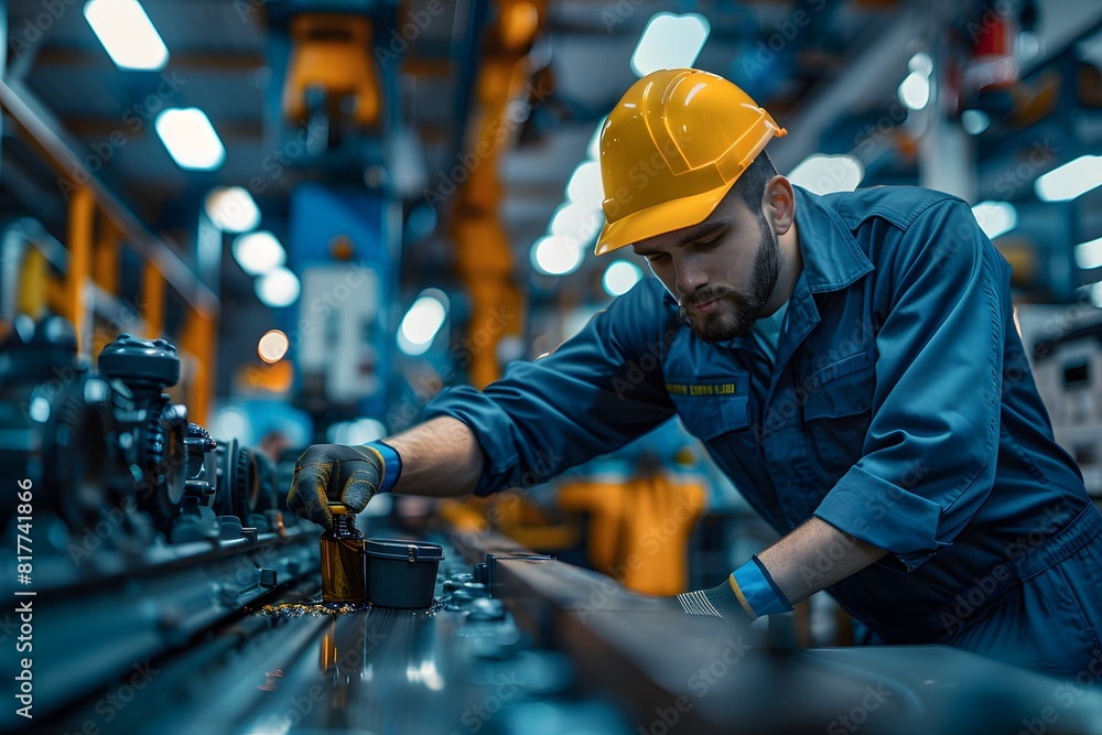 Poster worker operating machine in factory