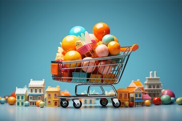 A shopping cart overflowing with wrapped gifts, ready for Christmas shopping