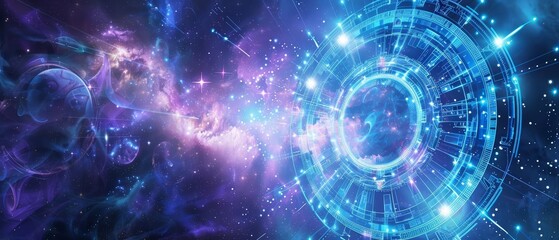 Obraz premium Astrological zodiac chart emitting bright rays, cosmic background, futuristic style, soft blue and violet hues, high detail, ethereal light effects