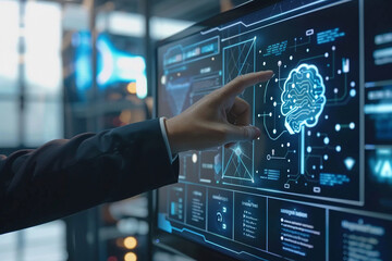 AI Artificial Intelligence. Business man using AI technology for data analysis coding computer language with digital brain