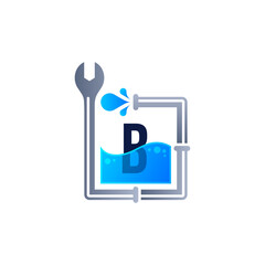rectangle plumbing, wrench and water drop with letter B for plumbing repair service logo