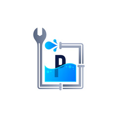 rectangle plumbing, wrench and water drop with letter P for plumbing repair service logo