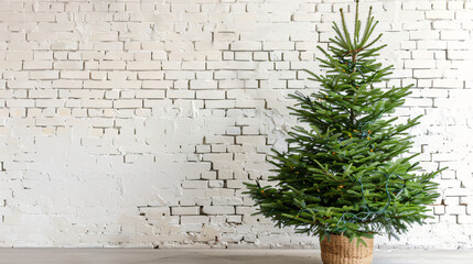 Beautiful Christmas tree in pot on table near white brick wall