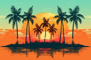 Obraz premium Tropical Sunset Over a Beach with Palm Trees