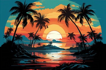 Tropical Sunset Over a Beach with Palm Trees