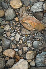 A top-down view of a rocky riverbed, with smooth pebbles and rough boulders creating a textured landscape. 
