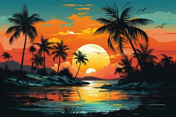 Tropical Sunset Over a Beach with Palm Trees