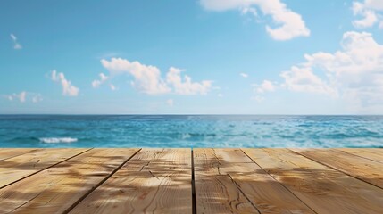 Blank Wooden table with sea background front view