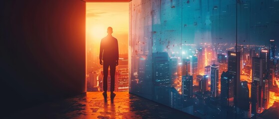 Fototapeta premium Businessman opening a door to a vibrant city view, dark corridor contrasting with bright outside world, representing new opportunities and breakthroughs, detailed and motivational