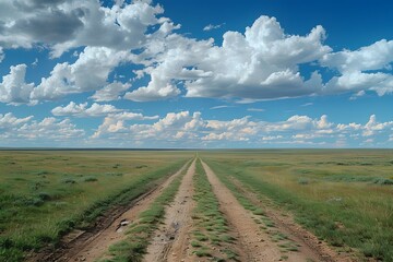 Naklejka premium Dirt road through grass field under blue sky