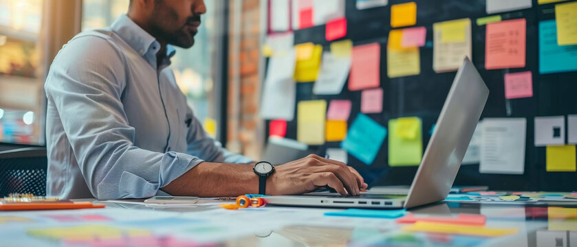 Business developer using Kanban board framework on laptop computer. Agile software development lean project management tool project management