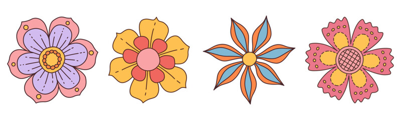 Collection of spring colorful flower. Set Trendy groovy wildflower 70s Vintage style isolated on white. Hand drawn blossom doodle illustration. Bright colorful flowers. Retro floral vector design.