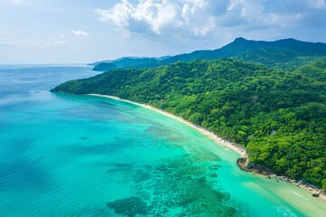 Beautiful tropical beach with turquoise water and lush forest.