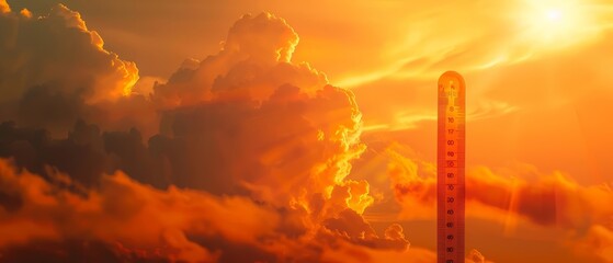 Closeup of a thermometer showing rising temperatures with the sun radiating intense heat, vivid orange sky, representing climate change and heatwaves, dramatic lighting