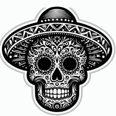 Fototapeta premium Detailed Black and White Sugar Skull with Sombrero
