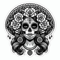 Black and White Sugar Skull Woman with Floral Headdress