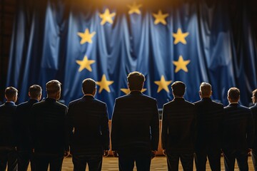European Union politics concept image with back view of formal unrecognizable politicians at EU parliament in front of the European Union flag - Powered by Adobe