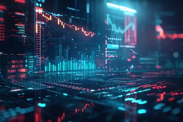 Digital stock market display with glowing holographic elements, interactive data, and a dark futuristic background, neon blue, hightech