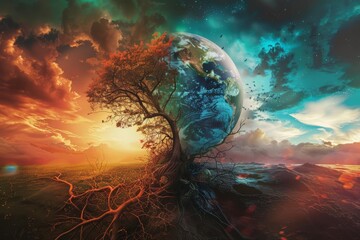Dual nature Earth, half thriving, half decaying, fantasy style, vibrant colors, sharp contrast, dramatic environmental message