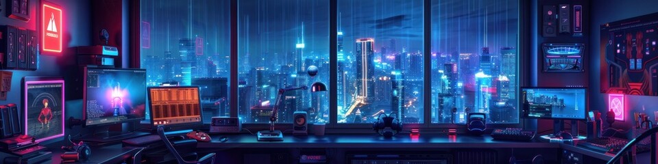 Futuristic D Immersive Bedroom with Captivating Cityscape View