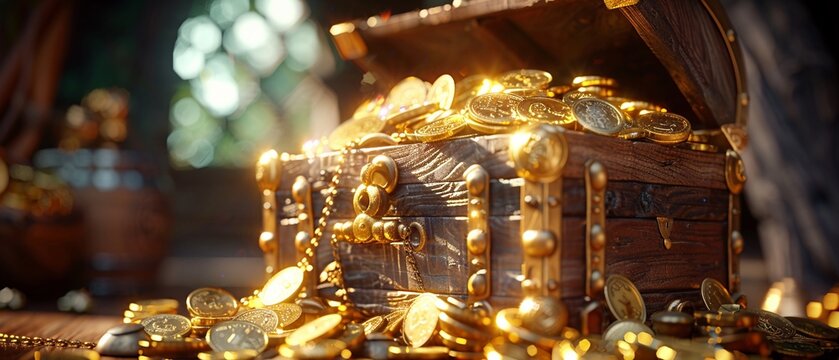 A long, horizontal view of an ancient wooden treasure chest overflowing with gold coins and jewels, representing wealth and luck, in a vintage illustration style 8K , high-resolution, ultra HD,up32K H