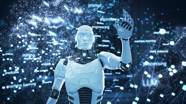 Future AI: A Slow Motion Metaverse Featuring an Advanced Humanoid Robot Surrounded by Dynamic Data Networks and Machine Learning Algorithms. Enhanced with Cloud Computing, Neural Network Capabilities
