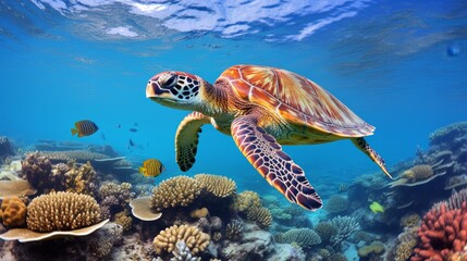 Fototapeta premium Hawksbill Turtle Near Coral Reef 