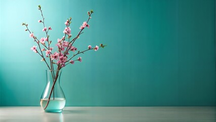 minimalist Glass vase with pink blossoms flowers twigs on glass table near empty, blank turquoise wall with copy space.